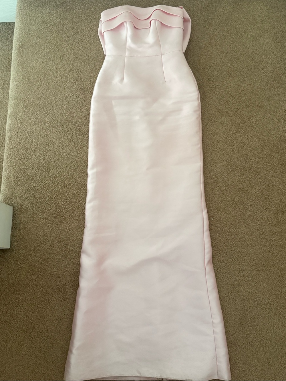 Elegant Strapless Light Pink Satin Gown with Ruffle Detail